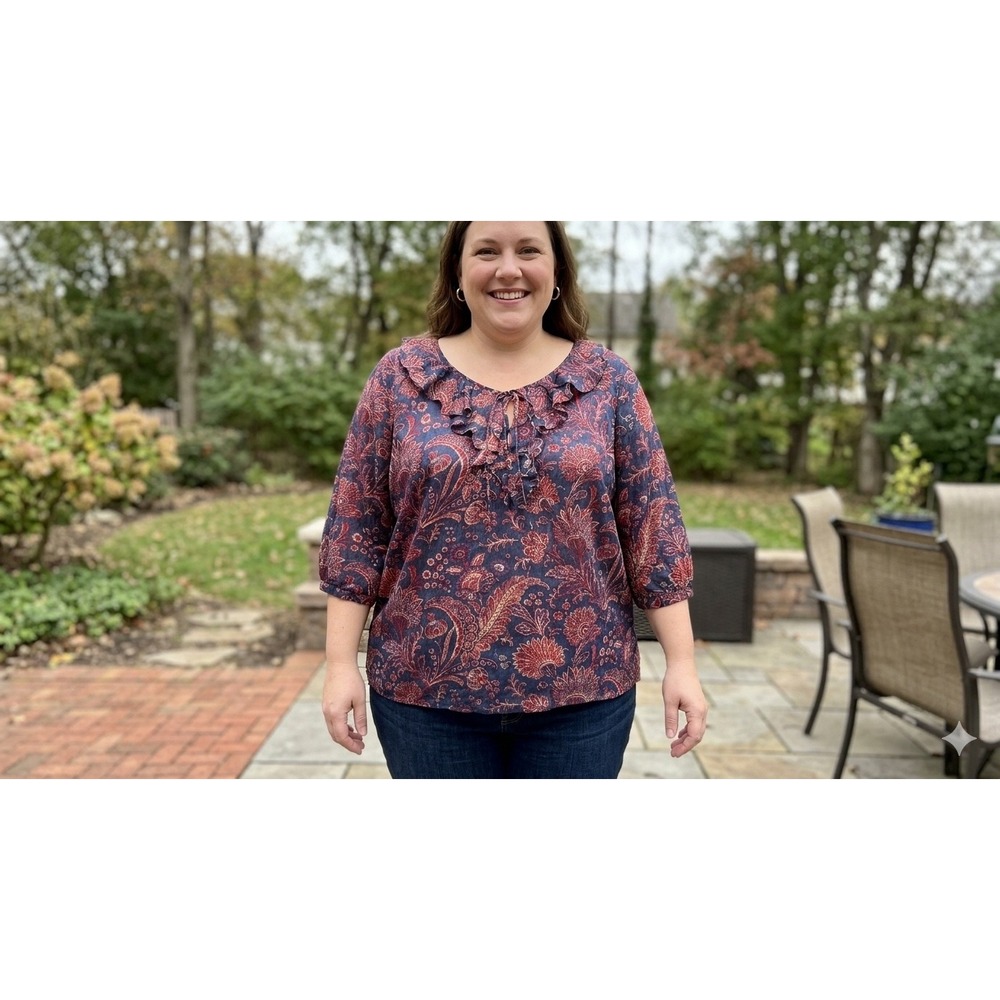 Lauren Ralph Lauren Blouse Plus Size Women 3X Blue Red Paisley Boho Ruffle